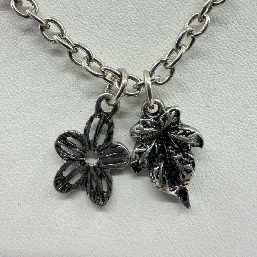 Silver Tone Flower & Leaf Charm Necklace Minimalist Cottagecore Botanical Style
